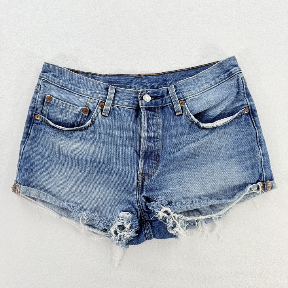 Levi's 501 Shorts Womens 30 Blue Denim Button Fly Cutoff Frayed Raw Hem